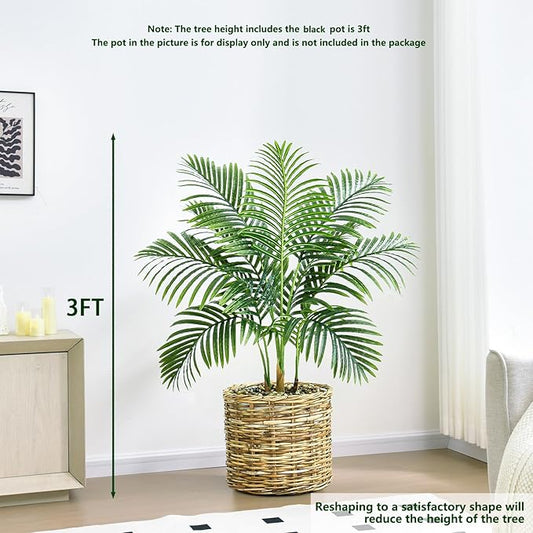 2 Pack Artificial Palm Tree 3FT Artificial Plants Indoor Tropical Fake Palm Tree Areca Floor Plant in Black Pot with 9 Trunks & Real Bark Design, Faux Palm Plant for Outdoor Patio Home Office Decor