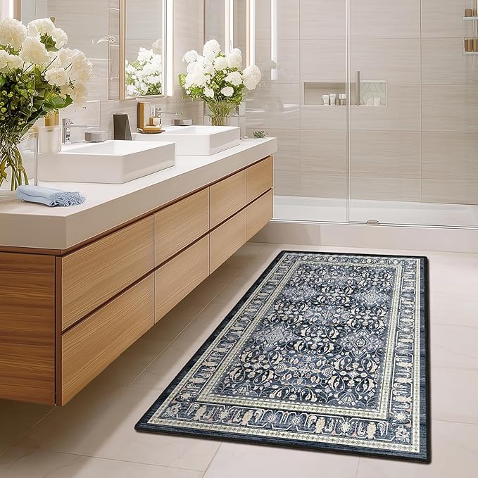 Dark Blue 3x5 Entryway Rug Indoor, Transitional Boho Floral Moroccan Trellis Printed Throw Rug for Kitchen, Ultra Thin for Machine Washable, Non Slip Area Rug for Foyer/Dorm/Bedroom Bedside