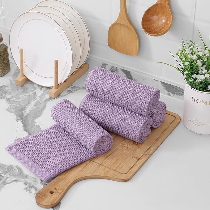 Kitinjoy 100% Cotton Waffle Weave Kitchen Towels, 8-Pack Super Soft and Absorbent Dish Towels for Drying Dishes, Kitchen Hand Towels, 13 in x 28 in, Lavender