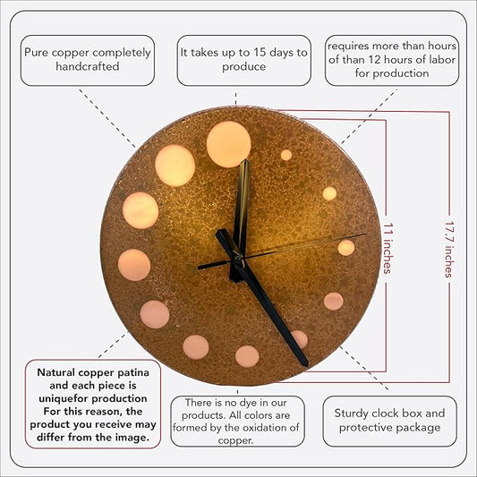 Handmade Pure Copper Wall Clock for Home Decoration, Decor Clock for Living Room, Bedroom and Kitchen, Rustic Decorative Mural Clock Art for Farmhouse (Circles of Time, 11)