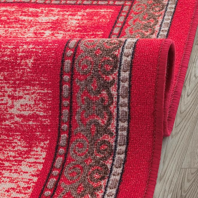 Antep Rugs Alfombras Bordered Modern 2x4 Non-Slip (Non-Skid) Low Pile Rubber Backing Kitchen Area Rug (Red, 2'3" x 4')