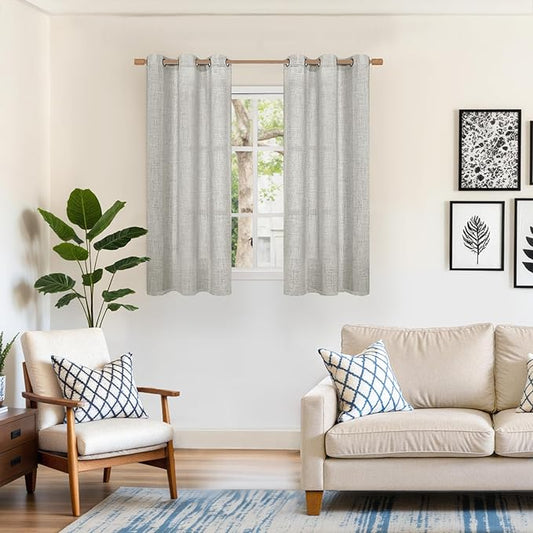 YoungsTex Light Grey Linen Curtains 45 Inch Length for Kitchen Bathroom Window, Short Semi Sheer Drapes with Bronze Grommet Light Filtering for Living Room Bedroom, 42 X 45 Inch, 2 Panels