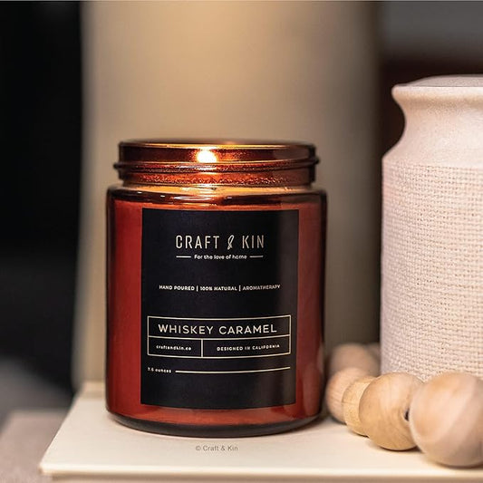 Craft & Kin Scented Candles for Men | Premium Whiskey Caramel Winter Candle | All-Natural Scent for Home | Long Lasting Candles with 45 Hour Burn Time, 8oz