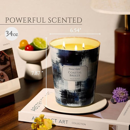 HomeLights Scented Candles | Large Jar 34 Oz Natural Soy Candle | 130 hrs Long-Lasting with 3 Wicks | Scandinavian Minimalist Home Decor | Gifts for Mom & Women, Coastal Breeze