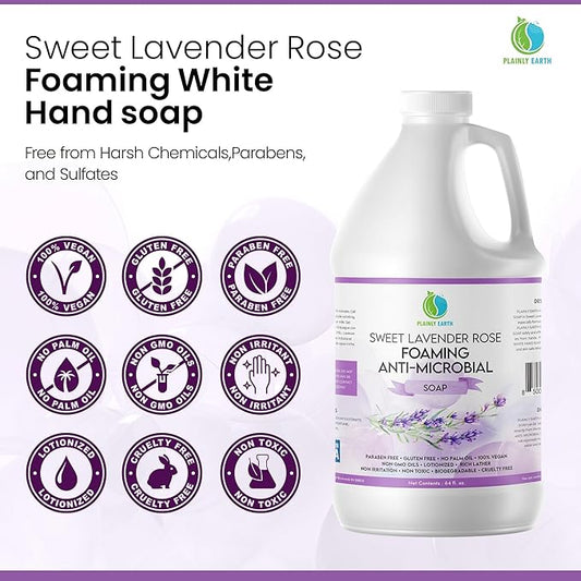 AntiMicrobial Hand Soap 64 oz - Sweet Lavender Rose Gentle Foaming Liquid Hand Soap Refill Antibacterial - Moisturizing, Long Lasting Freshness & Safe for Skin