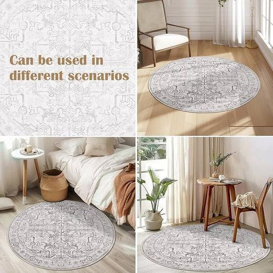 jinchan Round Rug 5ft Vintage Machine Washable Area Rug Kitchen Indoor Circle 5' Ultra-Thin Non-Slip Floral Print Carpet for Farmhouse Entryway Dining Room Living Room Bedroom Office (5'Round,Taupe)