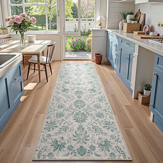 jinchan Runner Rugs 3x10 Vintage-Inspired Floral Design Machine Washable Non-Slip Ultra-Thin Low-Pile Rubber Backing Traditional Rug for Kitchen Hallway Laundry Room Entryway Turquoise