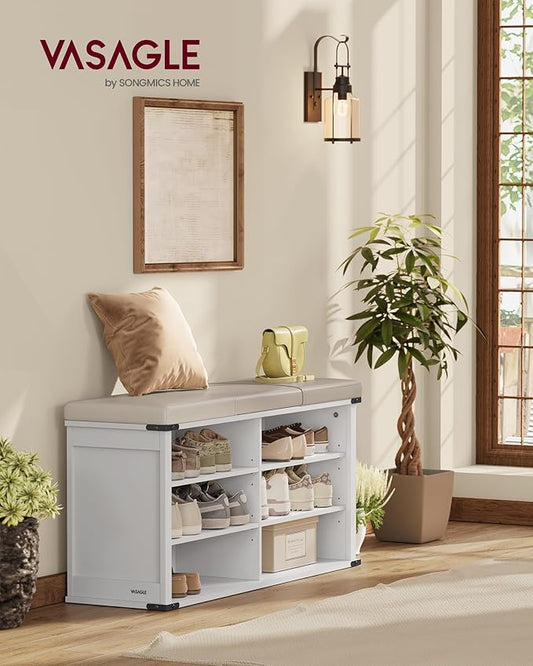 VASAGLE Shoe Storage Bench with Removable Cushion, Shoe Rack with Padded Seat, Entryway Bench with 6 Open Compartmens, Adjustable Shelves, for Hallway, Bedroom, Cloud White ULSB105W01