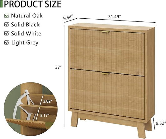 Shoe Cabinet with 2 Flip Drawers, 37" Tall Narrow Fluted Shoe Storage Organizer for Entryway, Hidden Slim Wooden Shoe Rack Cabinet for Front Door Entrance, Hallway, Living Room, Natural Oak