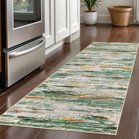 2x5 Modern Abstract Runner Rug for Hallway, Green Teal Orange Multi Super Soft Hallway Decor Kitchen Rugs with Non-Slip, Non-Shedding Washable Rug for Hallways Entryway Bedroom Laundry Indoor