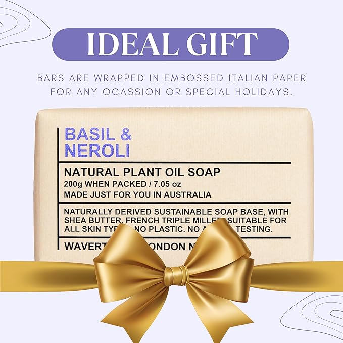 Wavertree & London Basil & Neroli Scented 100% Natural Soap Bar, 7oz Moisturizing French Triple Milled Soap Bar for Women & Men Enriched with Shea Butter, Pure Bath & Body Soap (1 Bar)