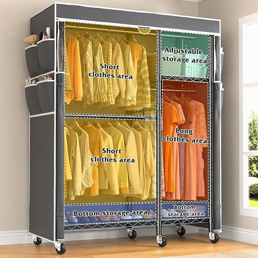 Raybee Clothes Rack with Cover Clothing Racks for Hanging Clothes Heavy Duty Portable Closet with Wheels,Rolling Garment Rack for Bedroom,Black