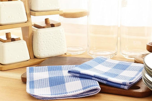 Waffle Weave Plaid Dish Cloths, 100% Cotton - 12 x 12 Inches, Ultra Soft Absorbent Quick Drying Dish Towels Buffalo Check Dish Rags for Kitchen, 8 Pack - Fall Thanksgiving - Light Blue & White