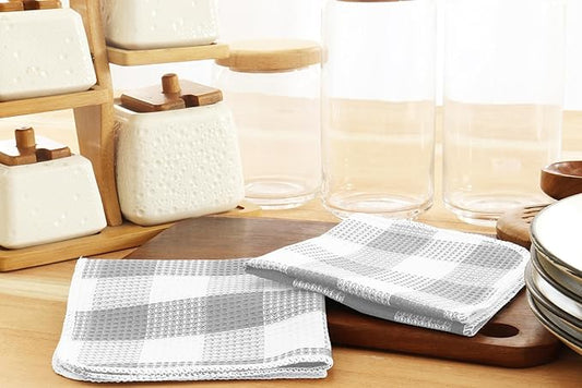 Waffle Weave Plaid Dish Cloths, 100% Cotton - 12 x 12 Inches, Ultra Soft Absorbent Quick Drying Dish Towels Buffalo Check Dish Rags for Kitchen, 8 Pack - Fall Thanksgiving - Grey & White