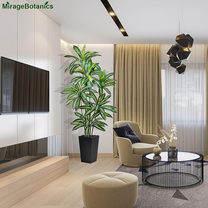 Artificial Dracaena Tree 6FT Tall Fake Plant with White Pot - Realistic Faux Dragon Tree with Tall Planter - Indoor Floor Plant for Home, Office,Mall, Living Room, Bedroom Decor (Black - Planter, 6ft)