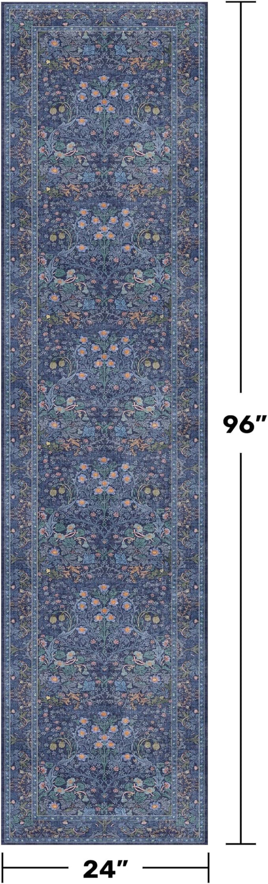 Dark Blue 2x8 Kitchen Rugs - Machine Washable Hallway Runner Non Slip, Floral Pattern Indoor Floor Mats for Entryway, Oriental Design Home Décor