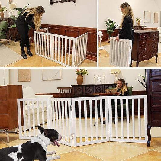 Dog Gate Indoor, Freestanding Dog Fence for The House, Doorways, Hallways,or Stairs,Pet Gate Foldable Wooden,Expandable 24" Height 4 Panels,White