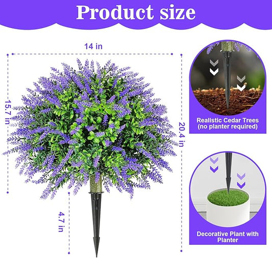 LAFORMO Artificial Lavender Topiary Ball Trees with Ground Spike, 2 Pack 15.7" UV Resistant Artificial Shrubs, Fake Evergreen Artificial Plant Brush for Indoor Outdoor Front Porch Garden