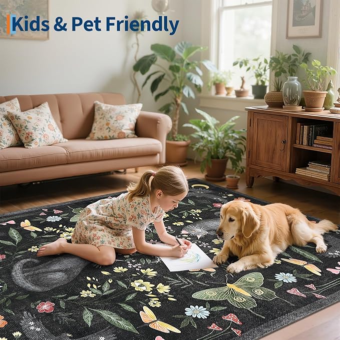 GarveeHome 3x5 Cat Washable Area Rug for Entryway, Mushroom Floral Black Bedroom Rug Non Slip Low Pile Butterfly Carpet Stain Resistant Throw Rug for Kitchen Dorm Kids Room Office Dining Room