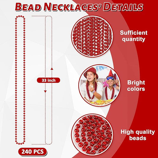 240PCS Red Necklace, Christmas Beads Necklace Accessories, 33" Red Mardi Gras Beads Festival Parade Throw for Wedding Birthday Valentines Mardi Gras Christmas Celebrations Decorations