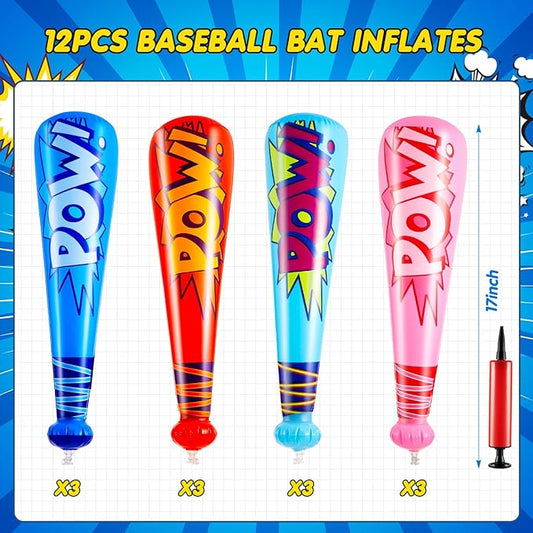 Seematn 12 Pcs Pow Inflatable Baseball Bats 17 Inch Inflatable Blow up Bats for Kids Carnival Game Prizes Bulk Baseball Party Favors Carnival Hero Sports Prizes (Blue,Dark Blue,Pink,Red)