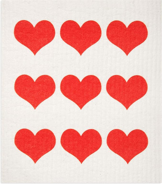 Swedish Dishcloths 2 Pack Row of Red Hearts Print Reusable Sponges Kitchen Cleaning Cloth Dish Scrubber, Machine Washable, Measures 7.87”x6.88 inches.
