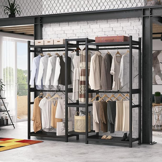 Homykic Bamboo Closet System, Large Clothing Rack for Hanging Clothes, Freestanding Clothes Rack with 7 Shelves & 5 Hanging Rods, Open Wardrobe Closet Organizer Garment Rack with 4 Hooks, Dark Black