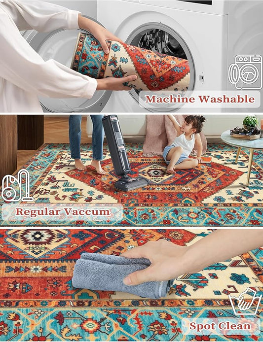SERISSA Boho Washable Runner Rug, 2x6 Rug Runner Non-Slip Vintage Orange Hallway Kitchen Runner Rug Ultra Soft Print Distressed Tribal Floor Carpet Runner for Bedroom Bathroom Laundry Living Room