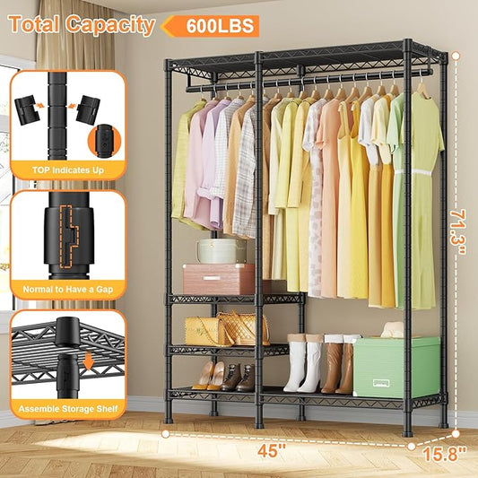 Ulif F4 Heavy Duty Clothes Rack (With Hanger Rod) Freestanding Clothing Racks for Hanging Clothes,Adjustable Closet Organizer System, Portable Garment Rack 45"W x 15.8"D x 71.3"H,Max Load 600LBS,Black