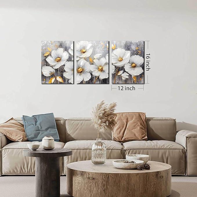 White Flowers Wall Art for Bedroom - Modern Canvas Wall Art for Office - 3 Piece Wall Art for Living Room 12" x 16"