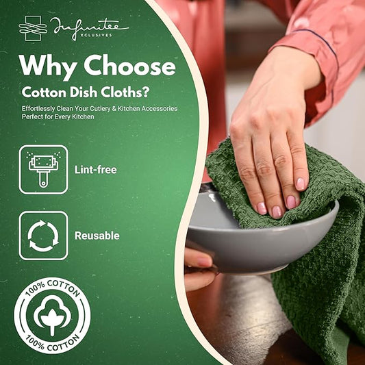 Infinitee Xclusives Premium Dish Cloth 100% Cotton 12 x 12 Inches |Pack of 4|-Ultra Soft Tea Towels-Highly Absorbent Kitchen Rags-Terry Dishcloth for Kitchen and Household Cleaning |Sturdy Green|