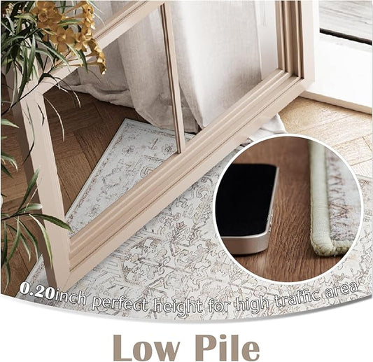 jinchan Hallway Runner Rug 2x10 Washable - Vintage Floral Non Slip Low-Pile Soft Ultra-Thin Faux Wool Kitchen Rug Distressed Carpet Runner for Farmhouse Bedroom Laundry (2x10ft,Taupe)