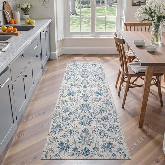 jinchan Runner Rugs 2x6, Vintage-Inspired Floral Design Machine Washable Non-Slip Ultra-Thin Low-Pile Rubber Backing Runner Rug for Kitchen Hallway Laundry Room Entryway Dark Blue