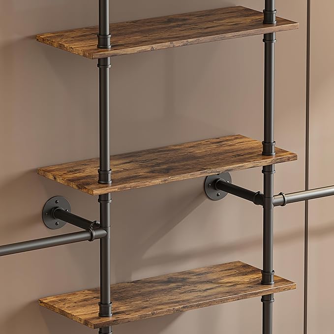 Industrial Pipe Clothing Rack, Wall-Mounted Clothes Rack with Shelf Wood Hanging Organizer, Space Saving Corner or Straight Design for Retail Store, Bedroom, Closet