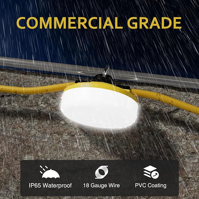 LED Construction String Lights 100FT, 3 Prong, 10000 LM, 5000K LED String Work Lights, 100W Temporary Lighting for Job Site Outdoor Indoor, IP65 Waterproof Temporary Construction Lights, ETL Listed