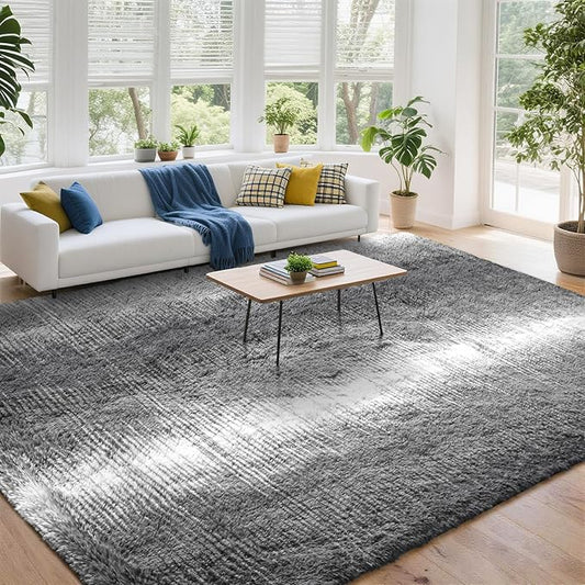 DweIke Luxury Fluffy Kids Rugs for Living Room Bedroom, 4x6 Feet Shaggy Grey and White Area Rug for Girls Boys, Upgrade Plush Non-Slip and Washable Colorful Fuzzy Carpet for Dorm Nursery Decor
