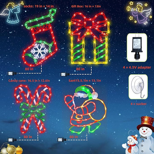 16" Christmas Window Silhouette Lights - 4 Pack Colour Lighted Christmas Stocking & Candy Cane & Gift Box & Santa for Holiday Indoor and Outdoor Wall Door Window Decorate