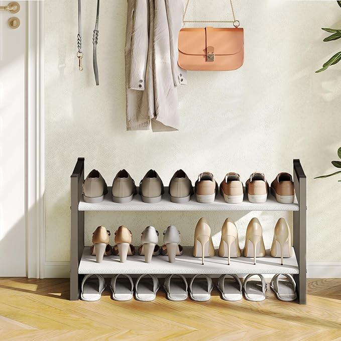 Shoe Rack for Closet & Entryway, Stackable 2-Tier Shoe Organizer, Welded Metal Frame, Semi-Assembled Fast Setup, 11.8" Deep Non-Woven Shelves, Space-Saving Shoe Storage, Black