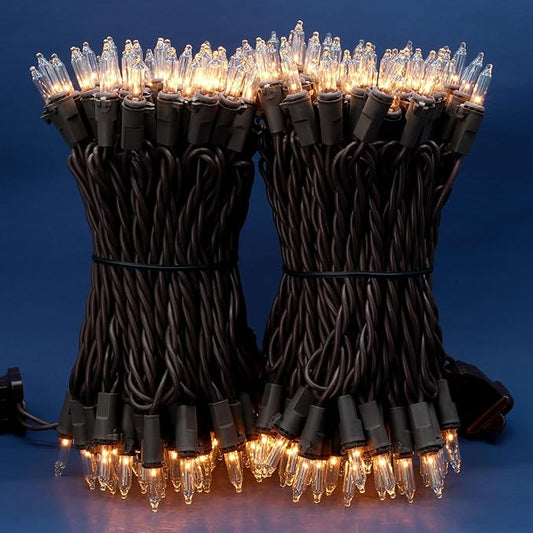200 Count Clear Christmas Lights, Pack of 2 Strands 100 Count 33 ft Brown Cord UL Listed Holiday String Light (Clear-Brown Wire)