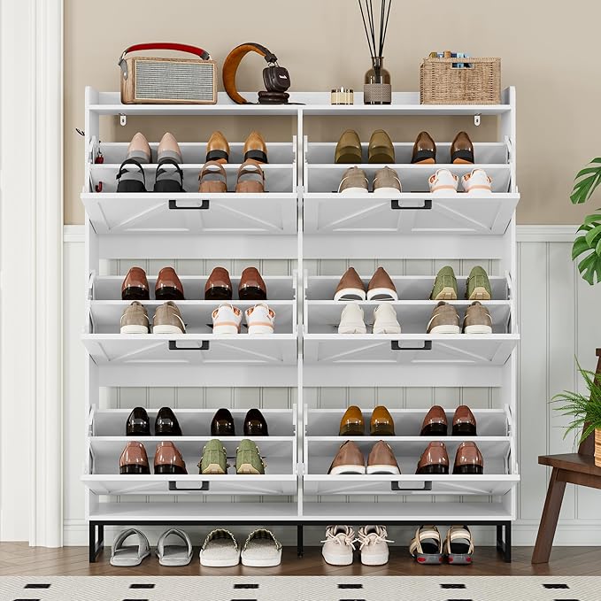 Shoe Cabinet with 6 Flip Drawers Narrow Shoe Storage Cabinet Organizer Wooden Freestanding Shoe Rack Hidden Slim Shoes Storage Cabinet for Entryway, Hallway, Living Room, Bedroom