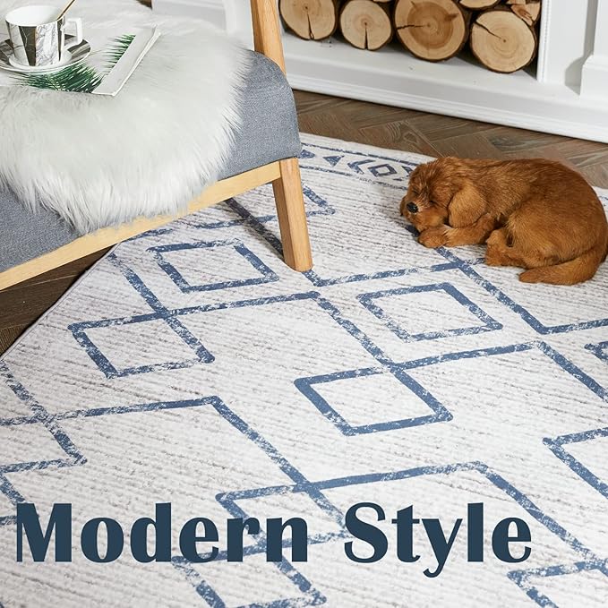 jinchan Hallway Runner Rug 2x10 - Moroccan Kitchen Machine Washable Runner Rug Modern Geometric Soft Faux Wool Ultra-Thin Low-Pile Non-Slip Carpet for Laundry Room Bedroom Farmhouse (2x10ft,Blue)