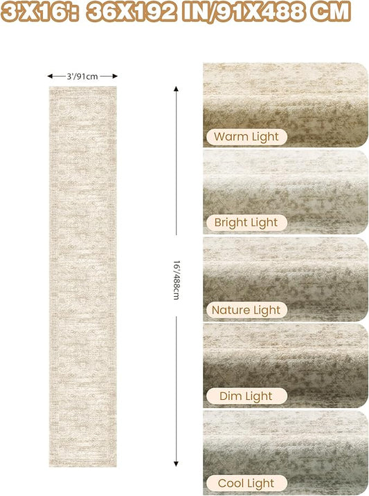 3x16 Washable Runner Rug for Hallway, Non-Slip Long Hallway Runner for Entryway, Soft Vintage Kitchen Mats for Floor, Abstract Dining Room, Bedroom, Living Room Rugs(3'x16', Beige/Ivory)
