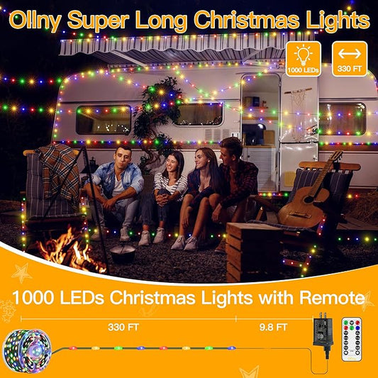 Ollny Christmas Lights 1000 LED 330 FT, IP67 Waterproof Plug in Christmas Tree Lights with Remote, 8 Modes, 3 Timers, Dimmable, House Xmas Indoor Decorations Outdoor Christmas Lights (Multicolored)