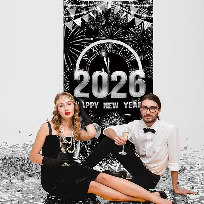 MEHOFOND 2026 Happy New Year Door Cover, Black and Silver New Year Front Door Party Decorations, Cheers to 2026 Hello 2026 Fireworks Champagne Balloon Decor Holiday Party Photo Booth Props