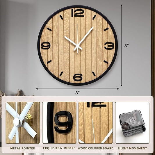 8 Inch Round Wall Clock Battery Operated Wooden, Non-Ticking Quartz Decorative Analog Clocks for Apartment, Living Room, Bedroom, Hallway, Classroom - Easy to Install & Read