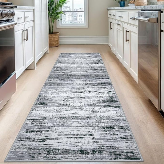 Modern Abstract Runner Rug 2.6x8, Black Grey White Washable Kitchen Runner Non-Slip Soft Hallway Rug Runner Thin Print Faux Wool Carpet for Entryway Bedroom Laundry Room Indoor Home Decor