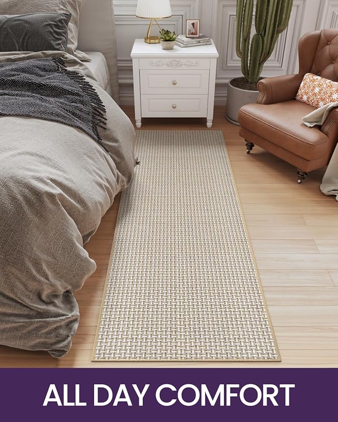 DEXI Hallway Runner Rug 2'4''x12', Non Slip Rubber Backed Runners Carpet, Ultra Thin Entryway Rugs Indoor for Kitchen Hallway Entrance Bedroom, White and Beige