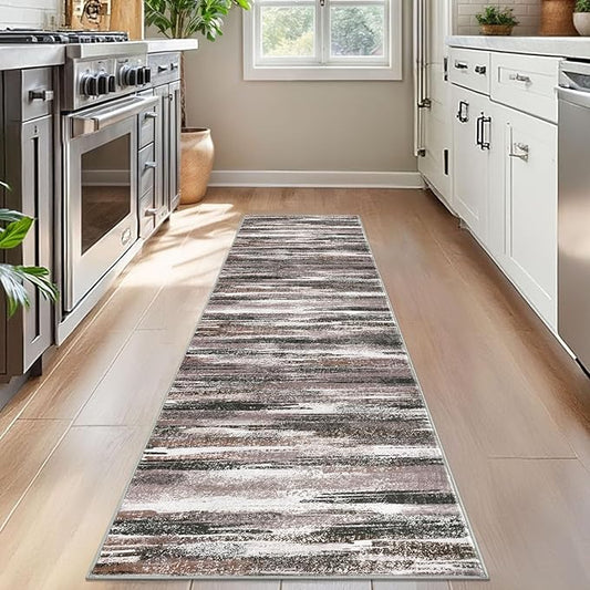 Modern Abstract Bedroom Runner Rug 2x7, Dark Light Brown White Washable Kitchen Runner, Non-Slip Soft Thin Faux Wool Mat for Entryway, Hallway, Laundry Room, Indoor Home Decor