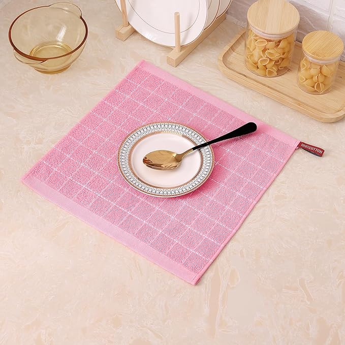 Mordimy 100% Cotton Terry Cloth Dish Cloths, Soft and Absorbent Checkered Dish Towels, Quick Drying Dish Rags for Washing Dishes, 6 Pack, 12 x 12 Inches, Pink