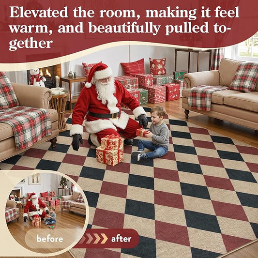 Lahome Christmas Rugs for Living Room, 8x10 Christmas Decorations Red and Black Rug, Checkered Outdoor Non Slip Non Shedding Xmas Decor for Bedroom Dining Room Deck